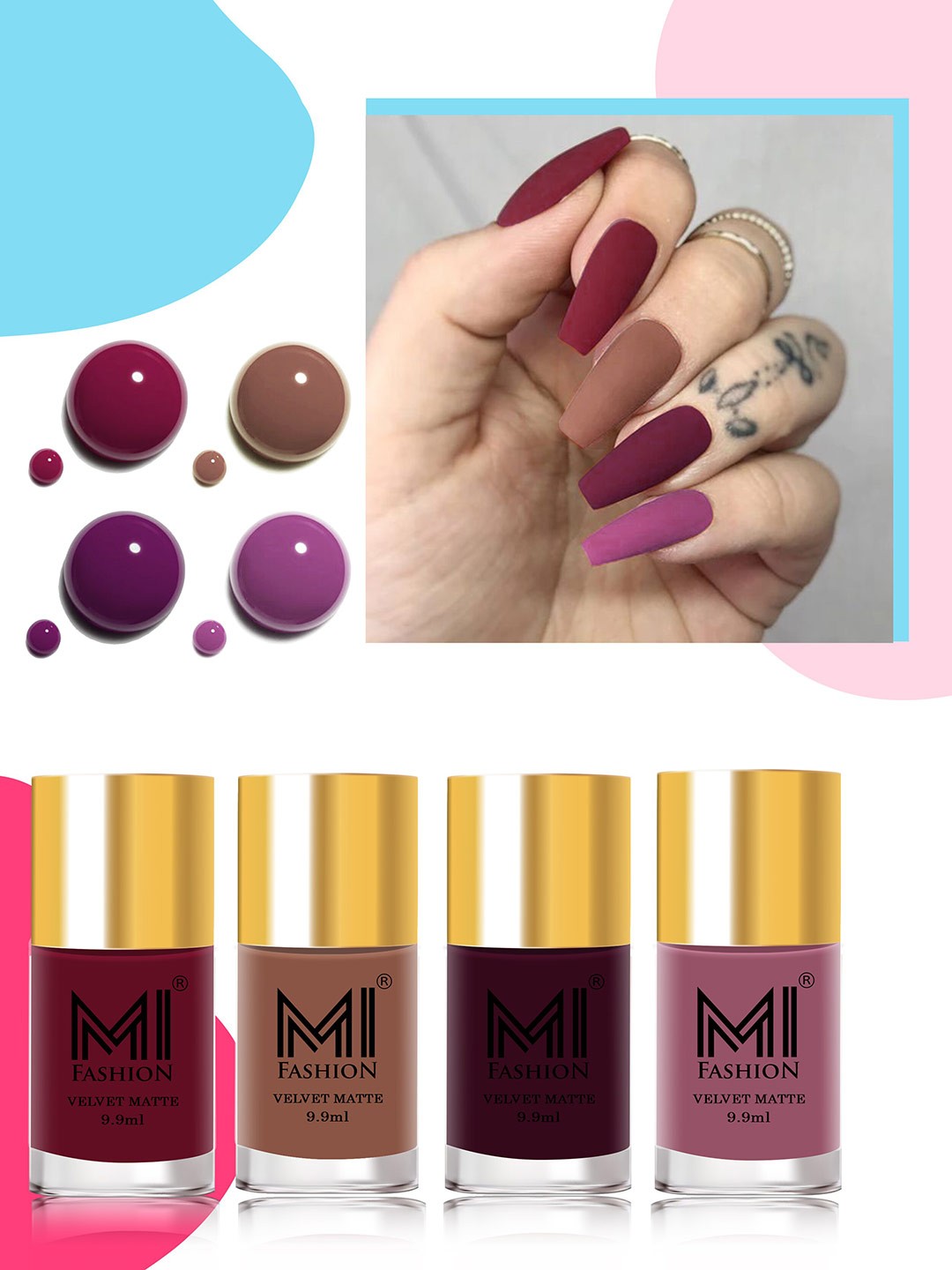 

MI FASHION Set Of 4 Velvet Matte High-Pigmented & Waterproof Nail Polish - 9.9ml Each, Maroon