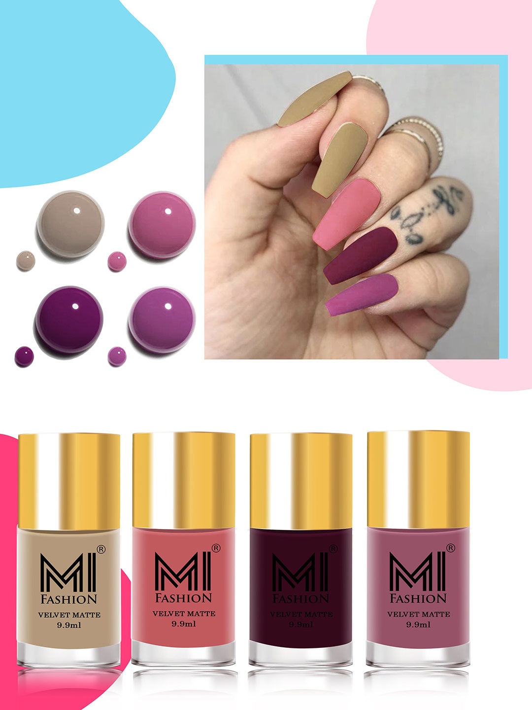 

MI FASHION Set of 4 Velvet Matte Nail Polishes - 9.9ml Each, Multi