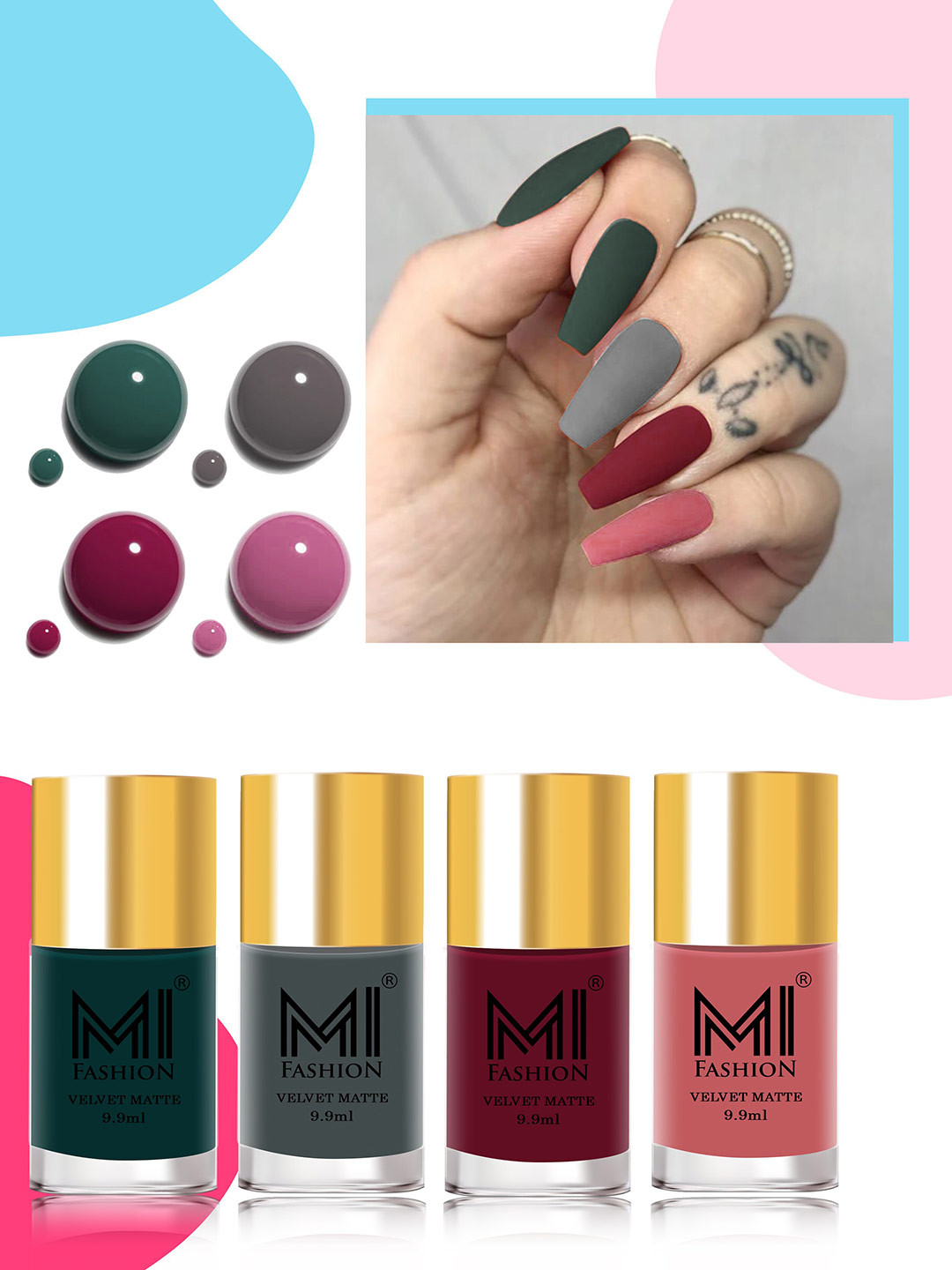 

MI FASHION Set of 4 Velvet Matte Nail Polishes - 9.9ml Each, Multi
