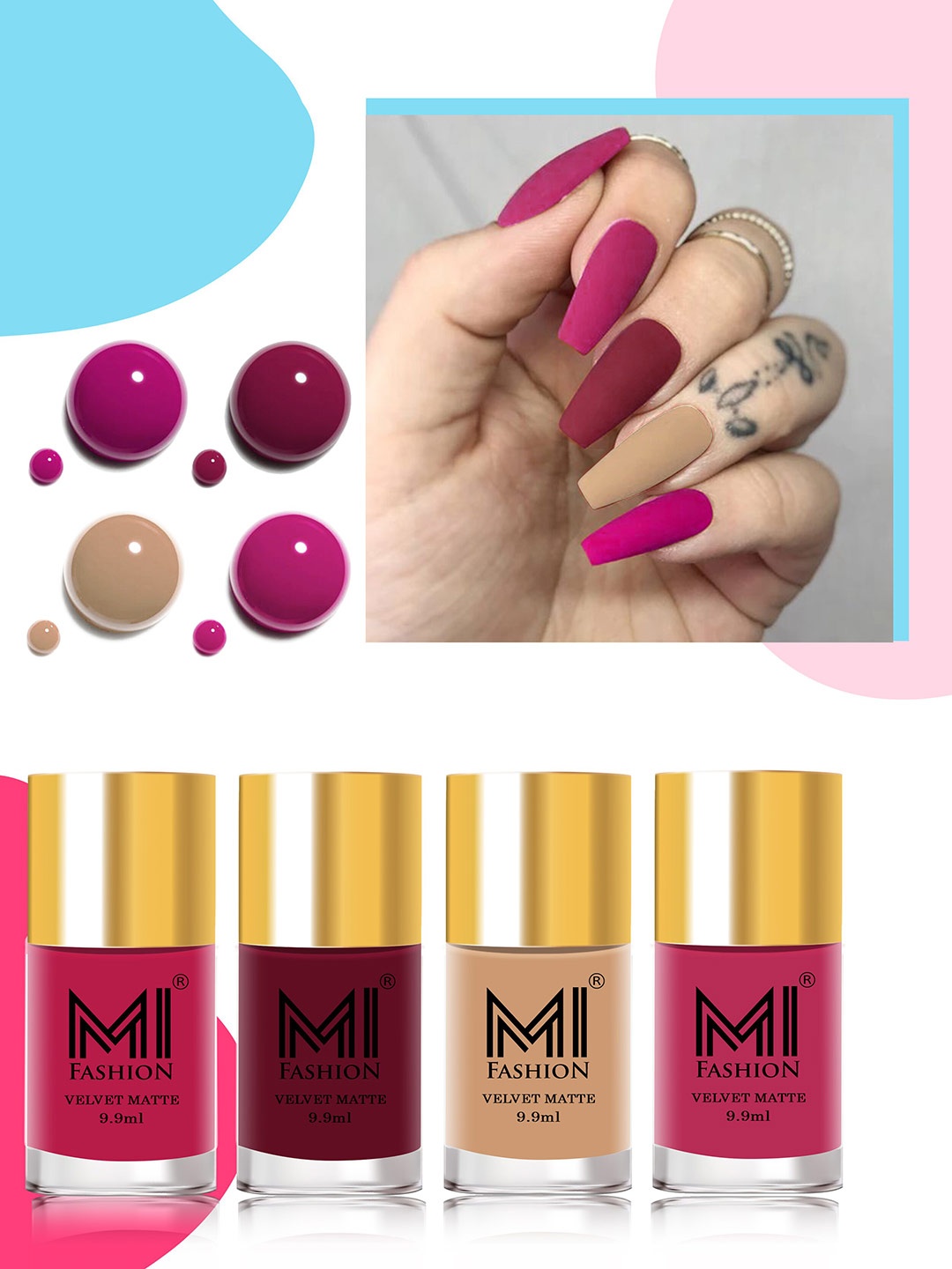 

MI FASHION Set of 4 Velvet Matte Nail Polish 9.9 ml Each - Shade 04, 25, 28, 42, Pink