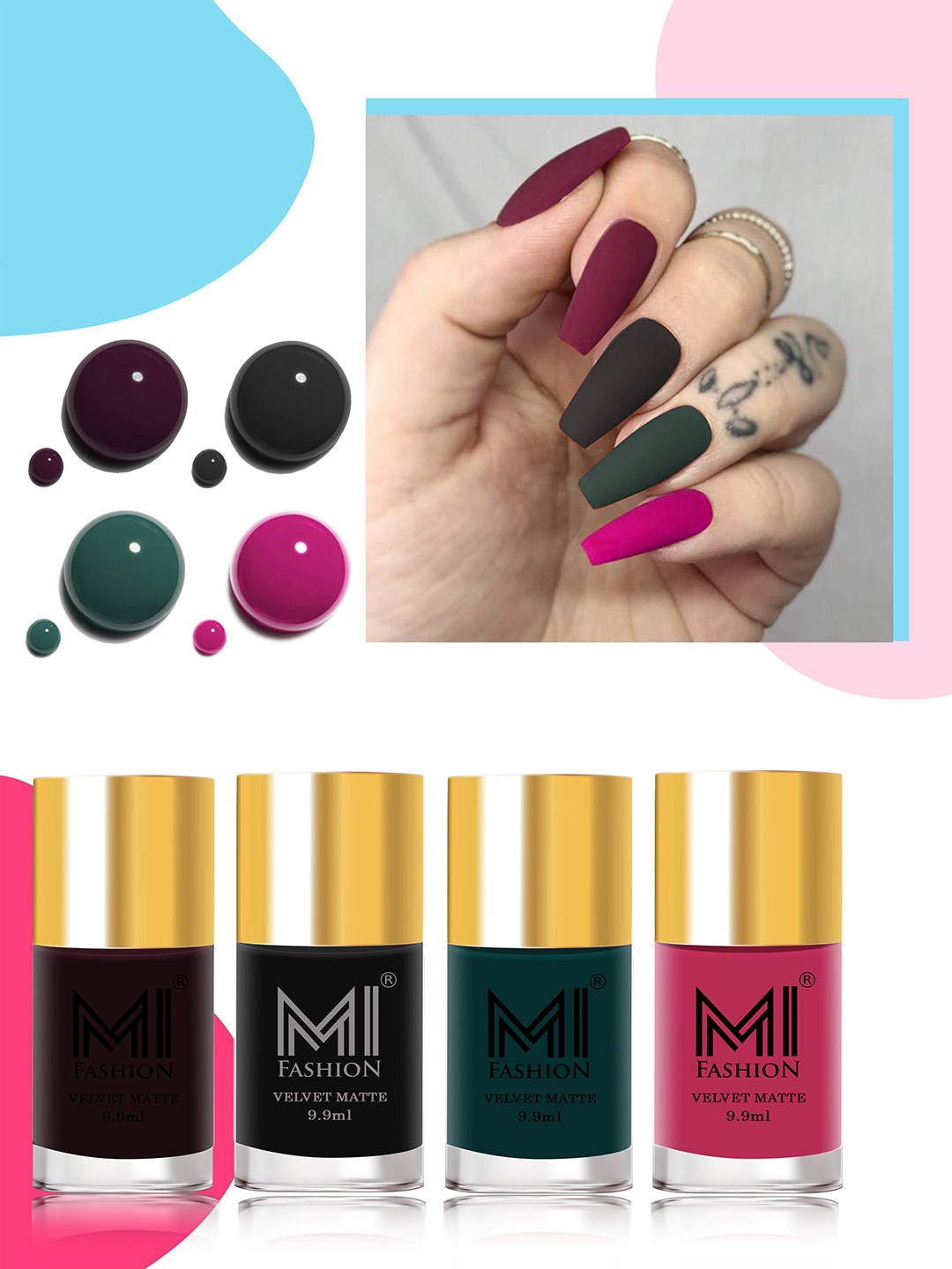 

MI FASHION Set Of 4 Velvet Matte High-Pigmented Nail Polish - 9.9ml Each, Green