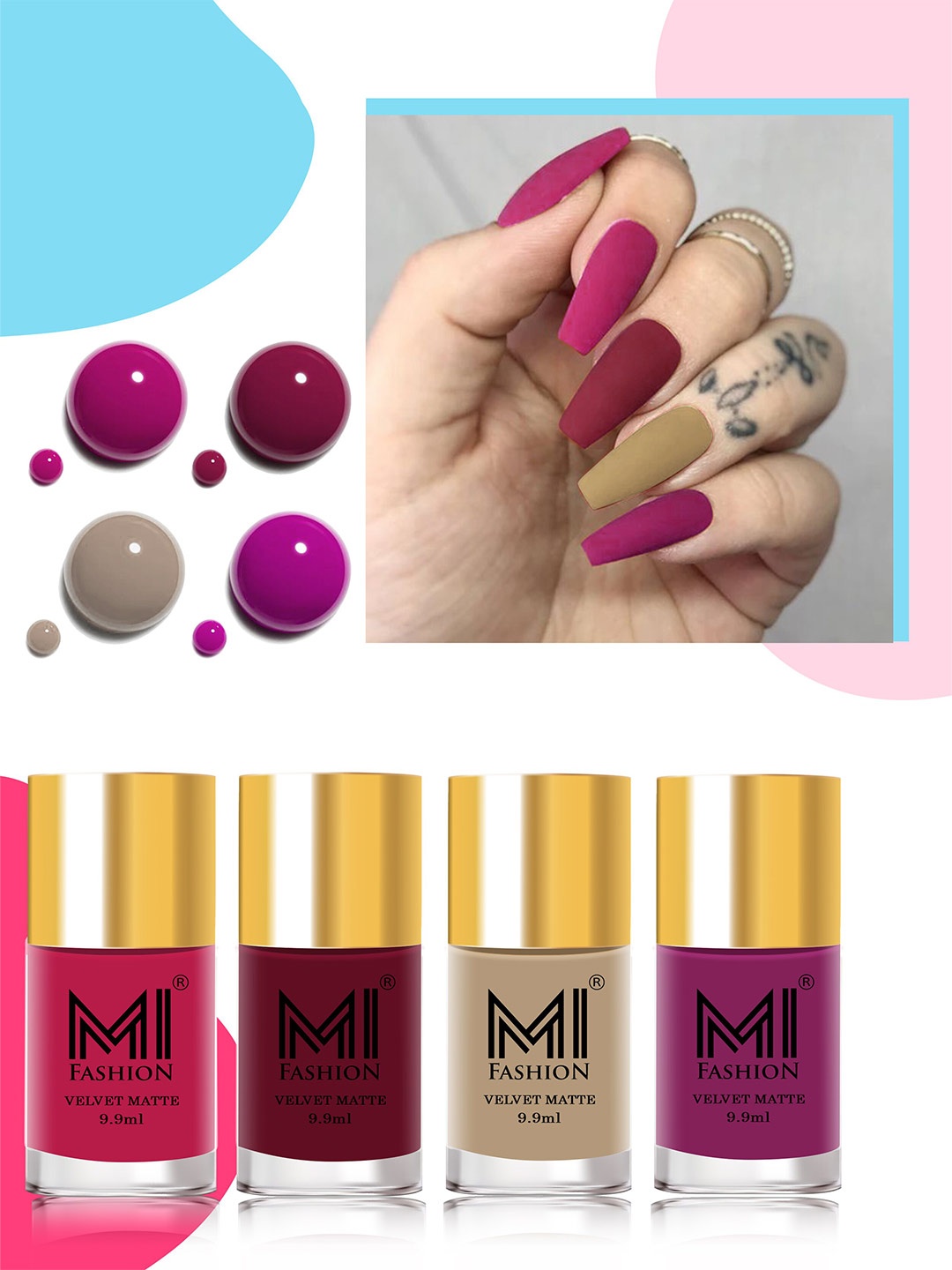 

MI FASHION Set of 4 Velvet Matte High-Pigmented Nail Polish - 9.9 ml each, Multi