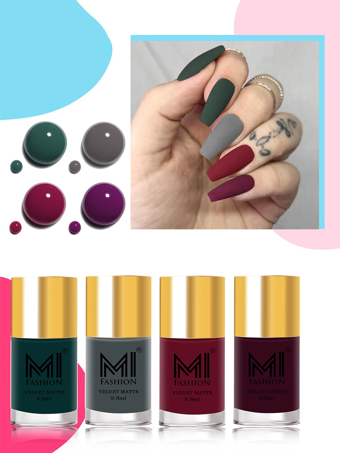 

MI FASHION Set Of 4 Velvet Matte High-Pigmented & Water Resistant Nail Polish - 9.9ml Each, Grey