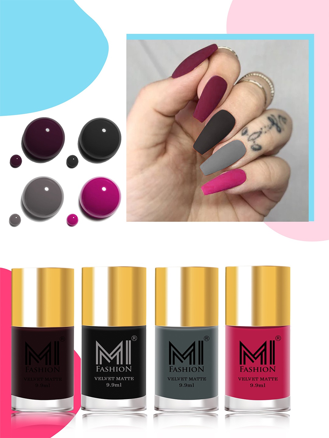 

MI FASHION Set of 4 Velvet Matte High-Pigmented Nail Polish - 9.9 ml each, Multi