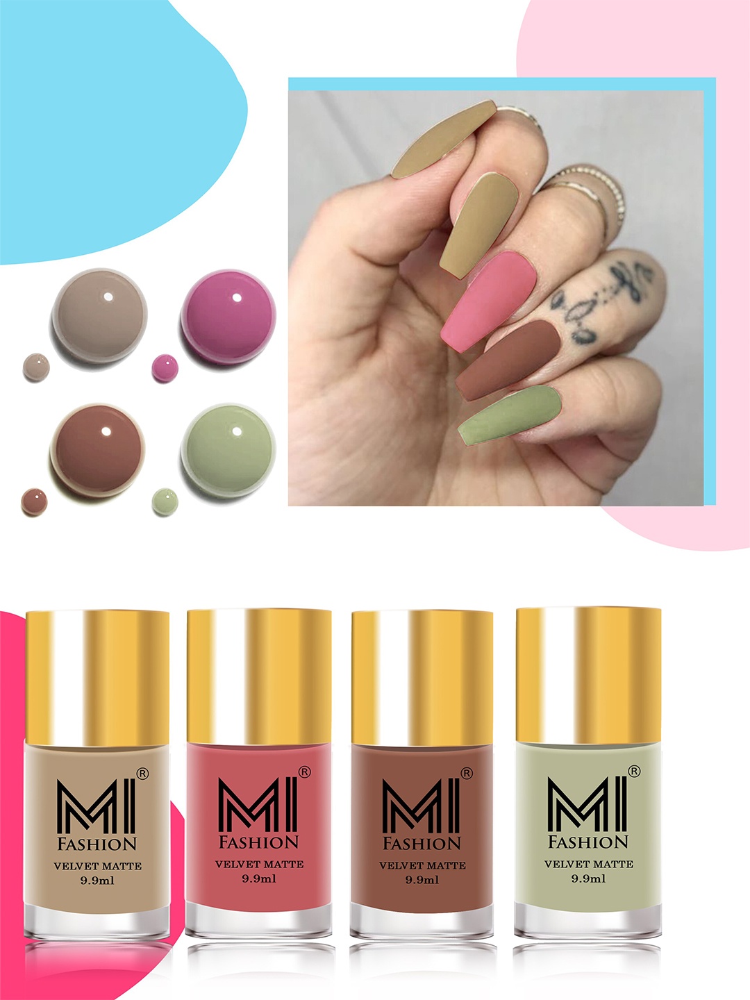 

MI FASHION Set Of 4 Velvet Matte High-Pigmented Nail Polish - 9.9ml Each, Green