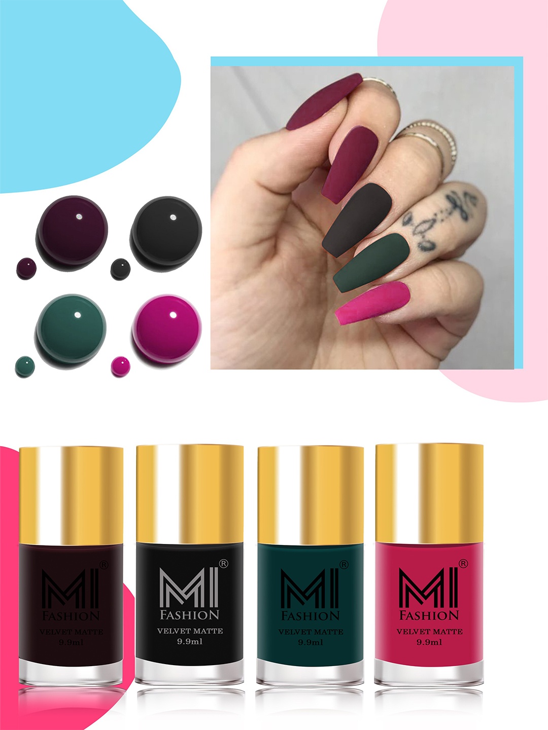 

MI FASHION Set of 4 Velvet Matte Nail Polish 9.9 ml Each - Shade 03, 05, 12, 24, Burgundy