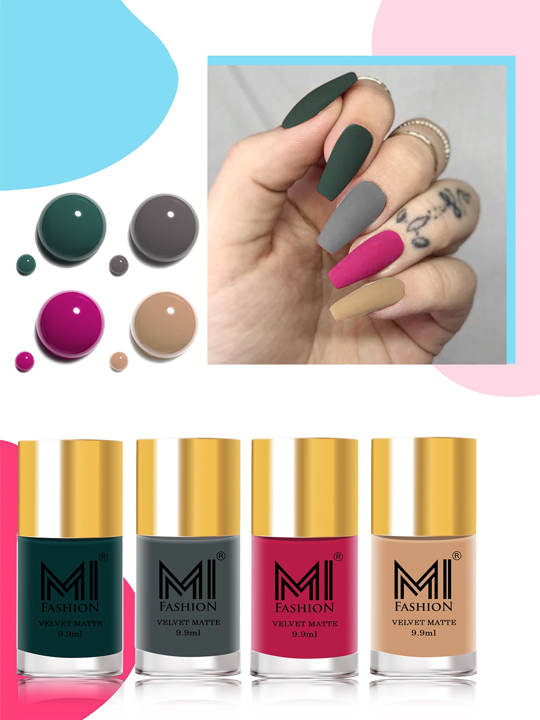 

MI FASHION Set Of 4 Smooth Finish Velvet Matte High-Pigmented Nail Polish - 9.9ml Each, Green