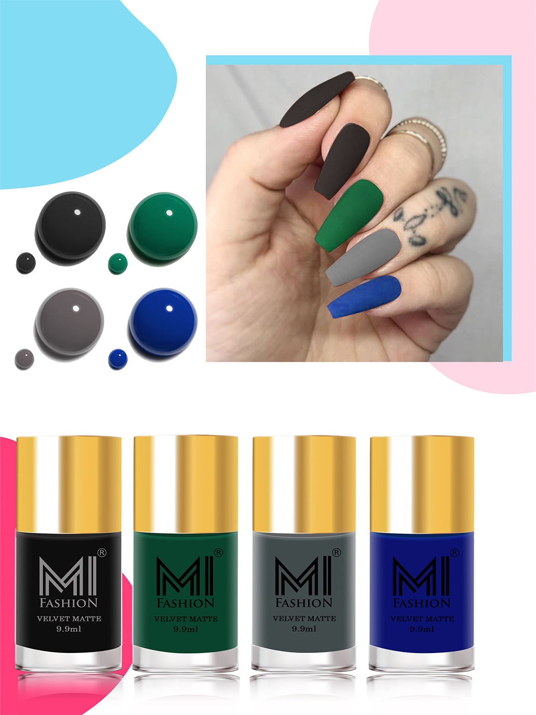 

MI FASHION Set Of 4 Smooth Finish Velvet Matte High-Pigmented Nail Polish - 9.9ml Each, Blue