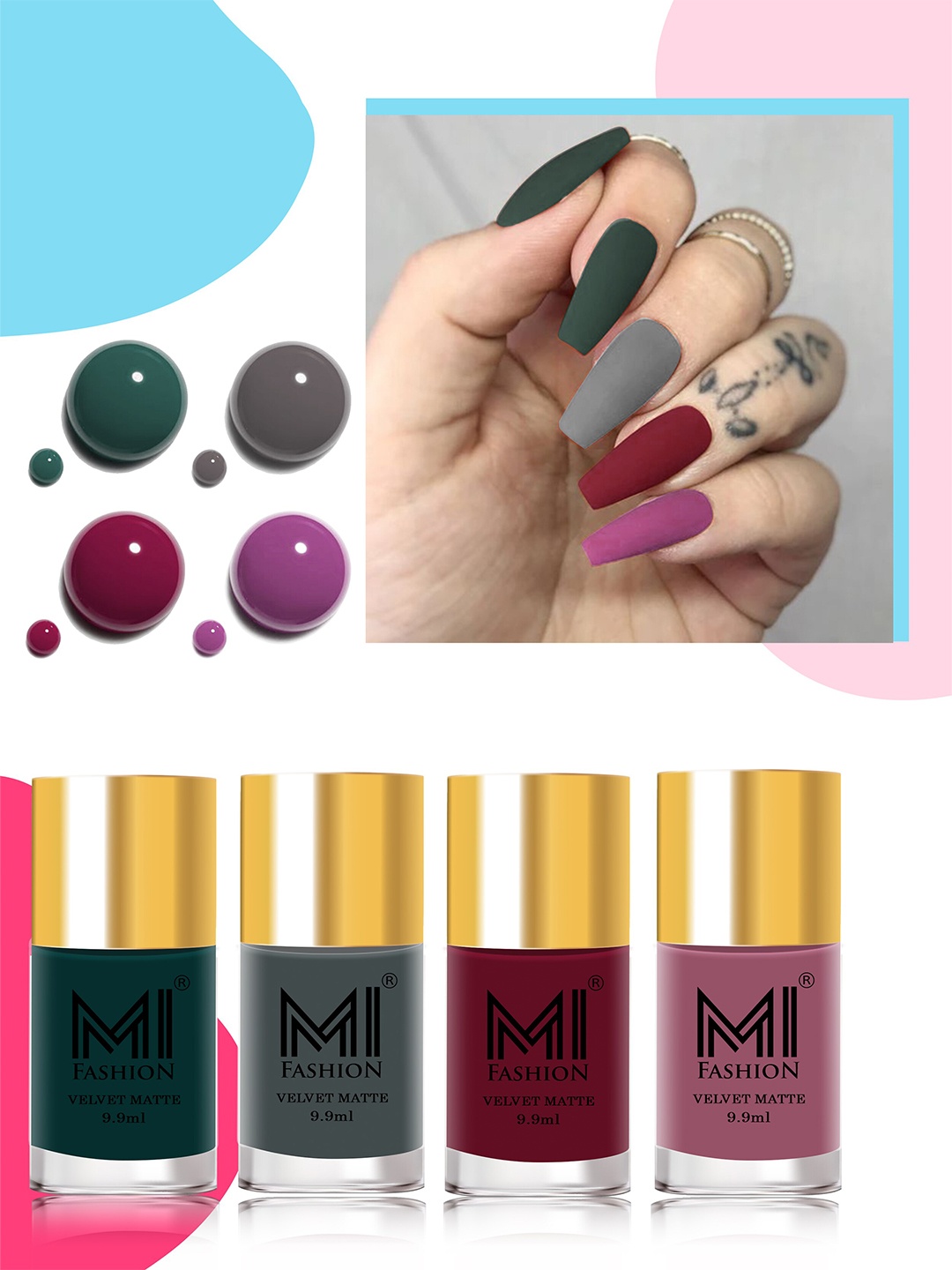 

MI FASHION Set of 4 Velvet Matte Nail Polish 9.9 ml Each - Shade 12, 20, 25, 39, Green