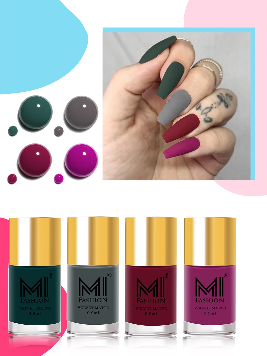 

MI FASHION Set of 4 Velvet Matte Nail Polish 9.9 ml Each - Shade 12, 20, 25, 38, Green