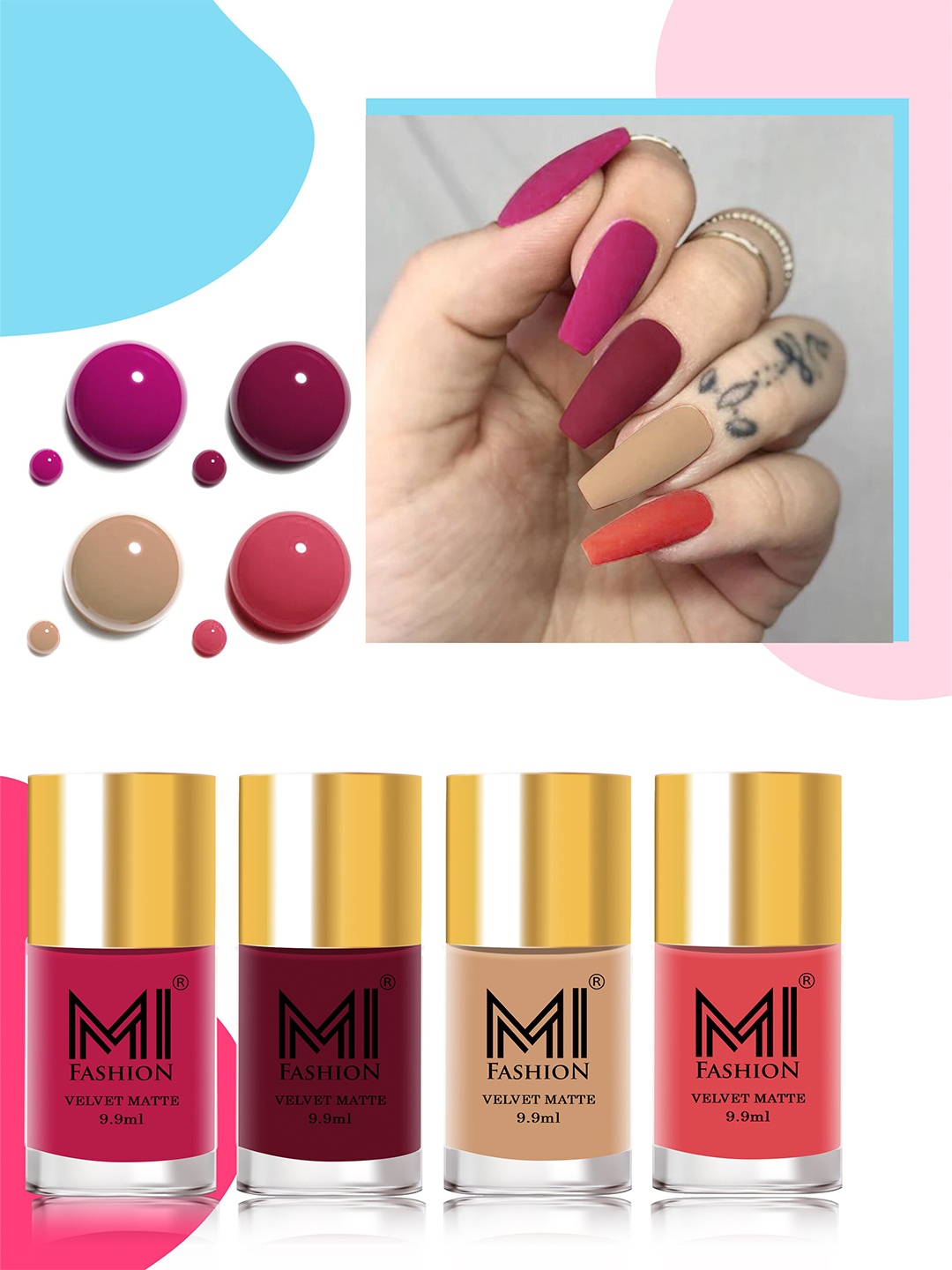 

MI FASHION Set Of 4 Smooth Finish Velvet Matte High-Pigmented Nail Polish - 9.9ml Each, Maroon