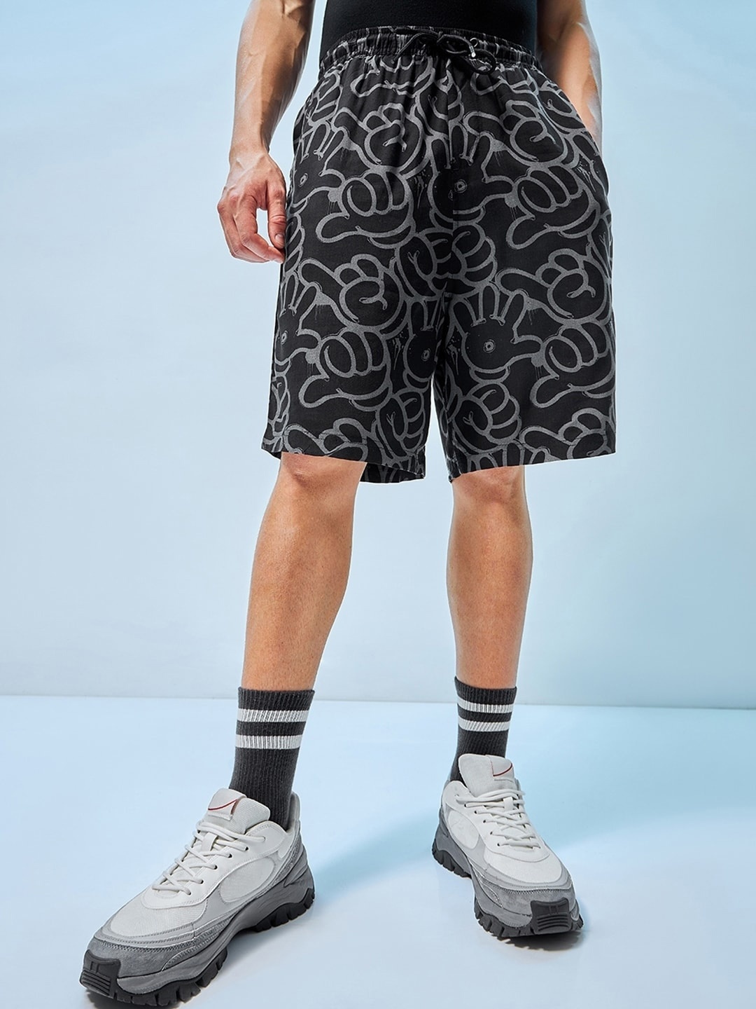 

Bewakoof Men Conversational Printed Mid-Rise Loose Fit Casual Shorts, Black