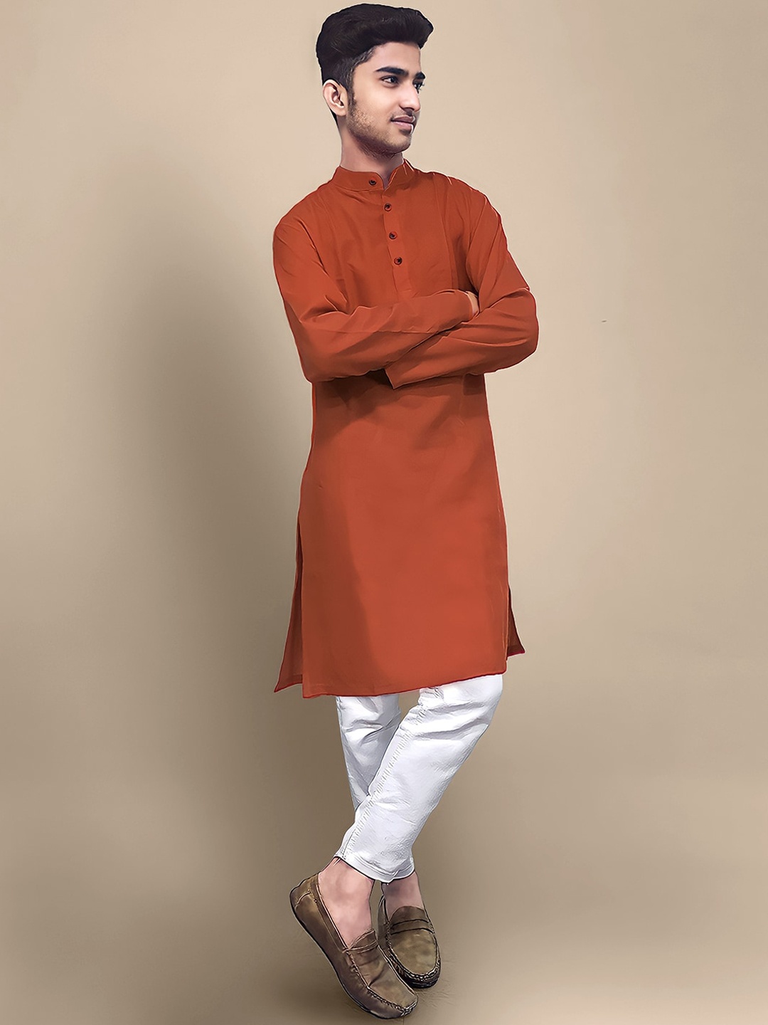 

Tee Projekt Band Collar Pure Cotton Straight Kurta, Rust