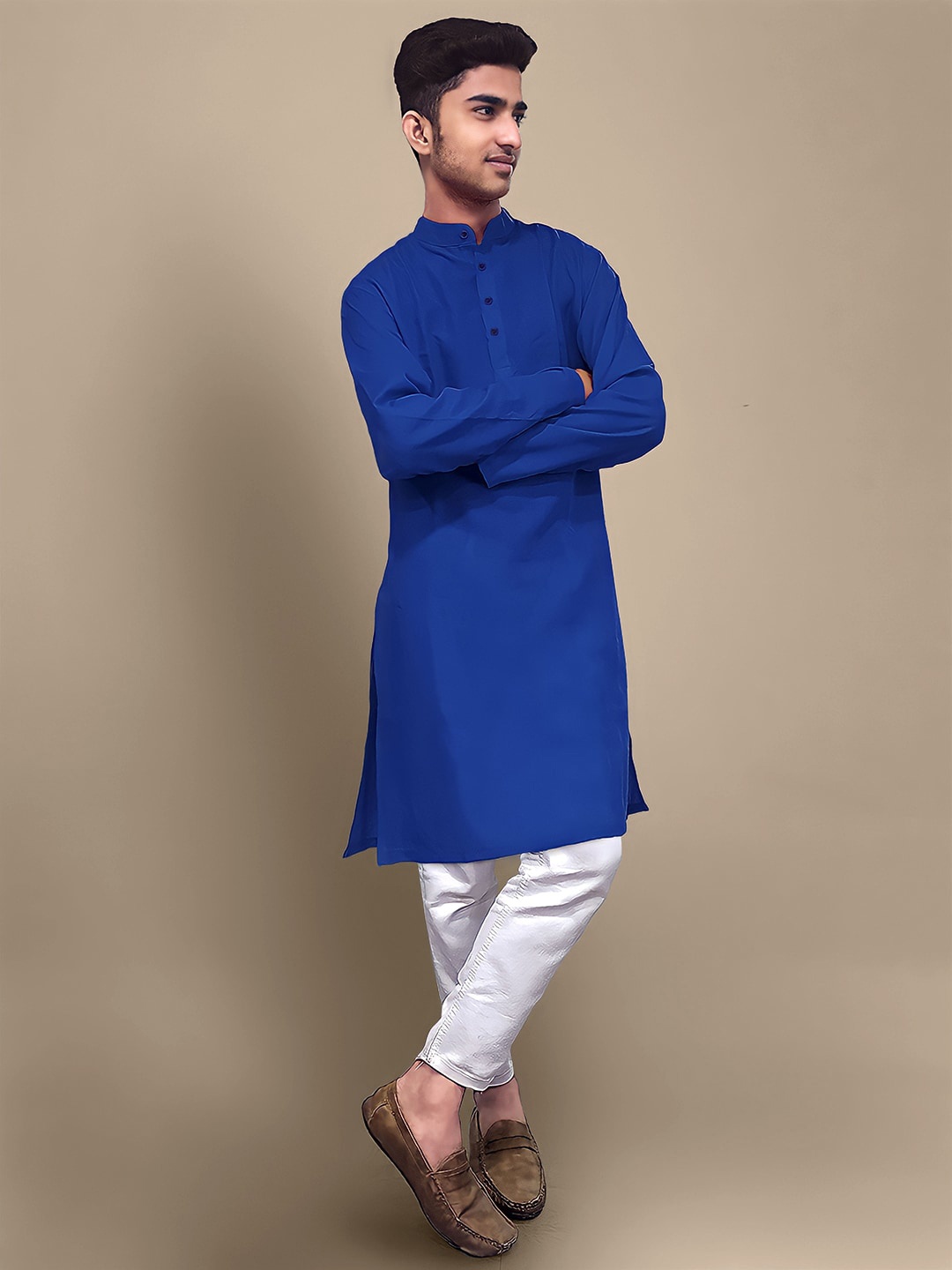 

Tee Projekt Band Collar Pure Cotton Straight Kurta, Blue