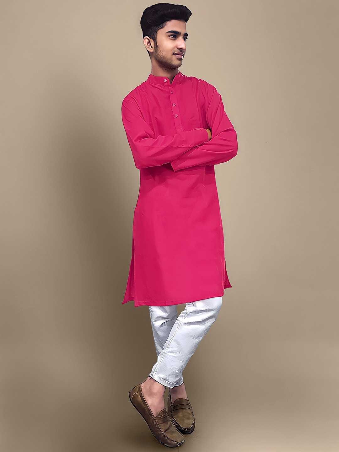 

Tee Projekt Band Collar Pure Cotton Straight Kurta, Pink