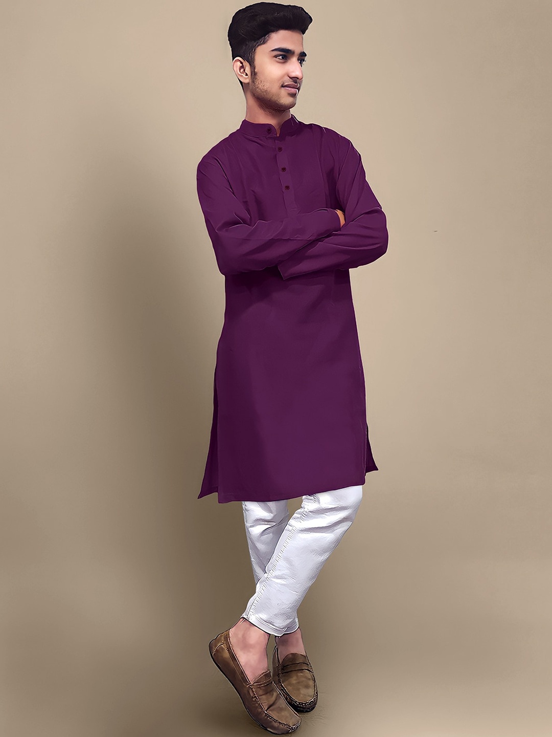 

Tee Projekt Band Collar Pure Cotton Straight Kurta, Purple