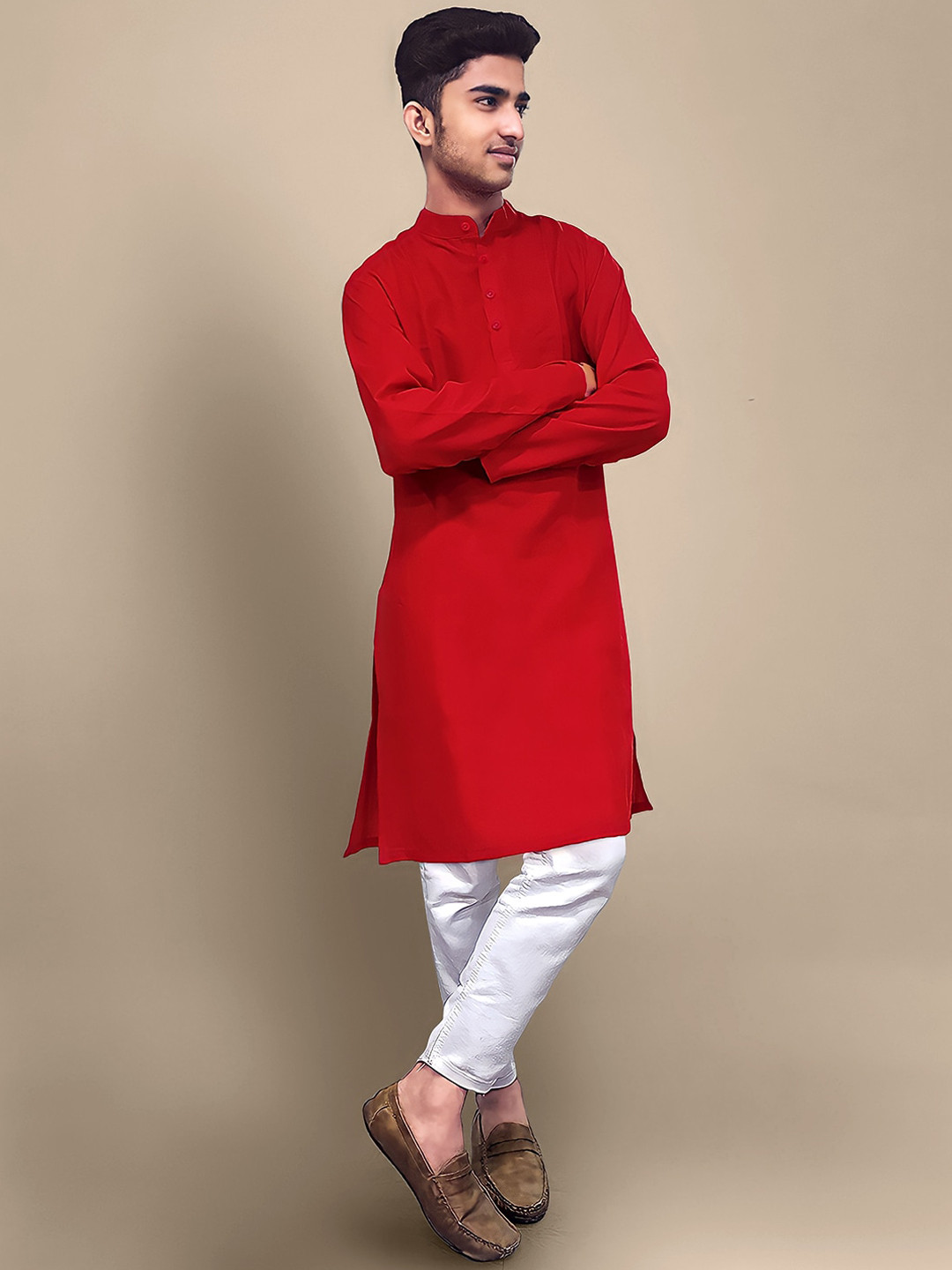 

Tee Projekt Band Collar Pure Cotton Straight Kurta, Red