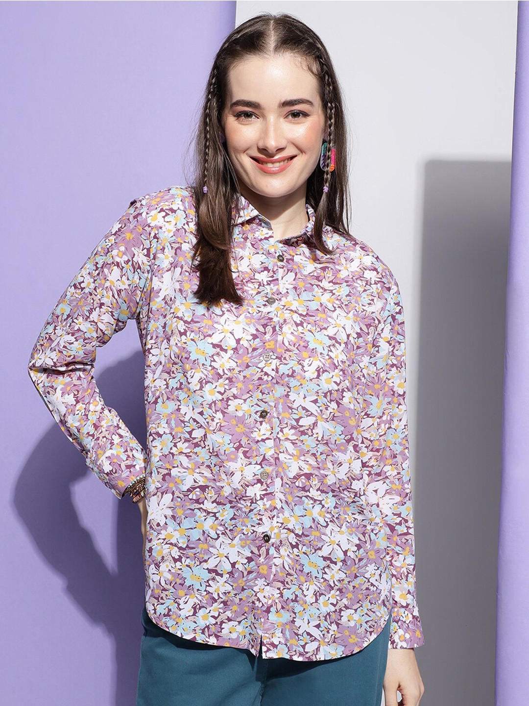 

Colors of Earth Classic Floral Printed Casual Shirt, Purple
