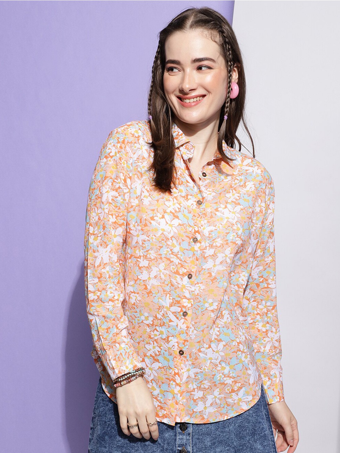 

Colors of Earth Classic Floral Printed Casual Shirt, Orange