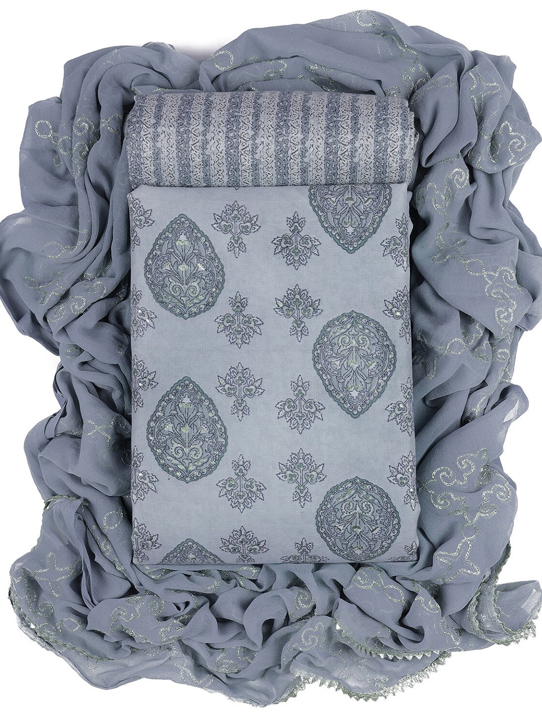 

Sun Fashion And Lifestyle Ethnic Motifs Printed Unstitched Dress Material, Grey