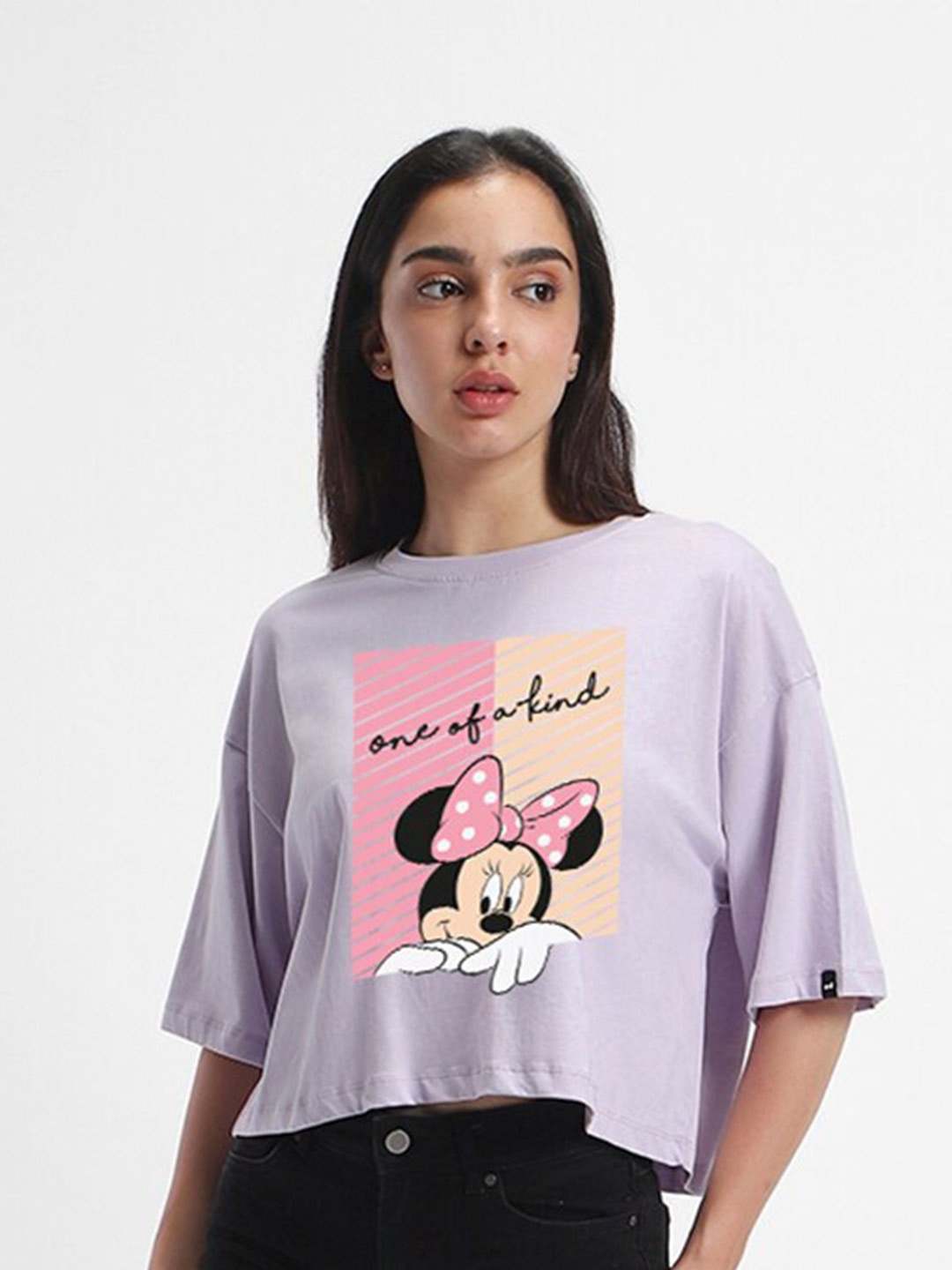 

Bewakoof Official Disney Merchandise 's Lavender Unique Minnie Printed Oversized Short Top