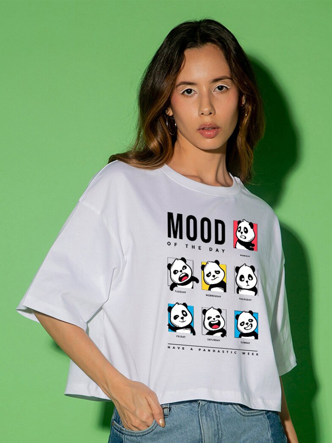 

Bewakoof MOTD Panda Graphic Printed Pure Cotton Oversized Crop T-Shirt, White