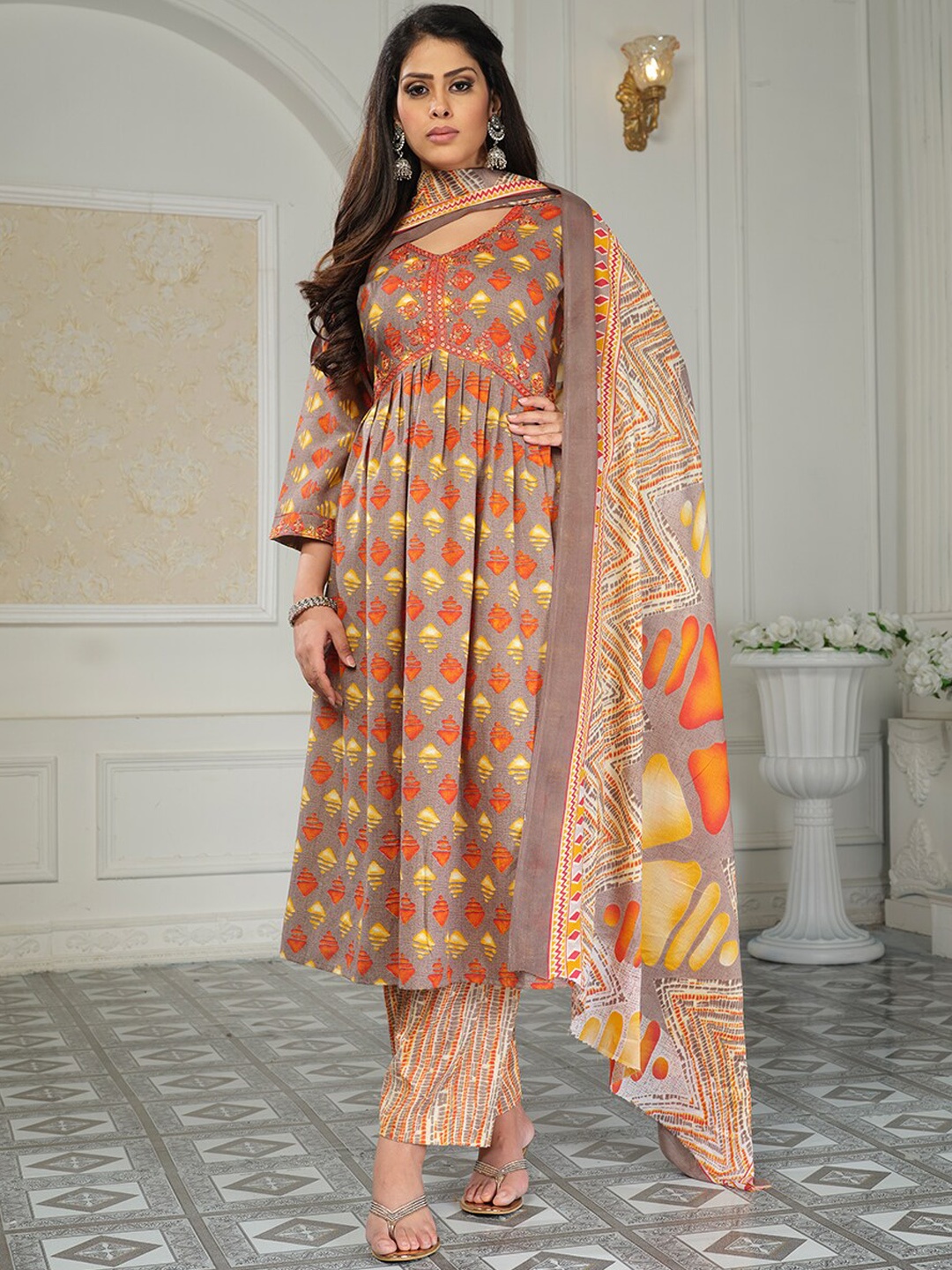 

KALINI Ethnic Motifs Printed Kurta & Patiala With Dupatta, Beige