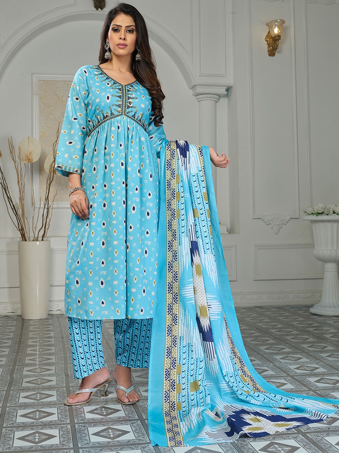 

KALINI Ethnic Motifs Printed Thread Work Empire A-Line Kurta With palazzos & Dupatta, Blue