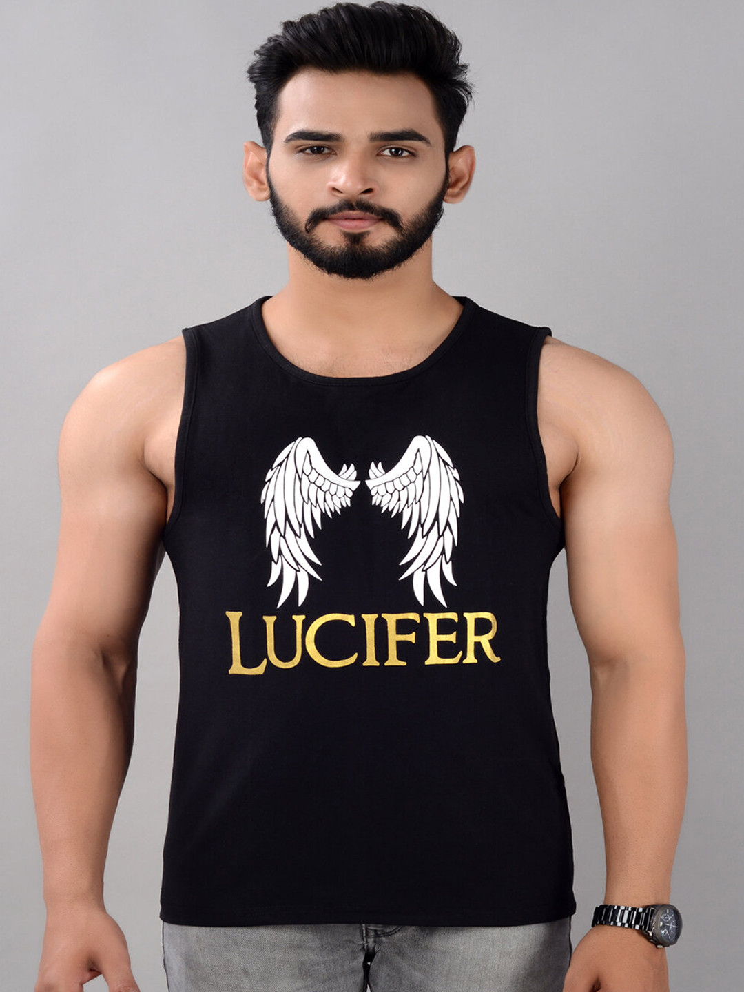 

VILLAIN Printed Cotton Innerwear Gym Vest, Black