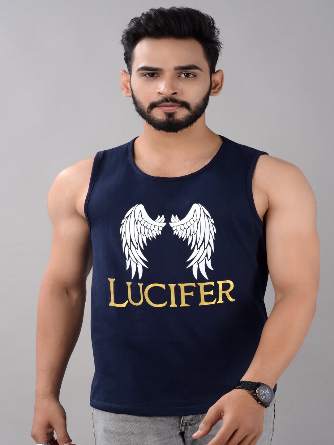 

VILLAIN Printed Cotton Innerwear Gym Vest, Navy blue