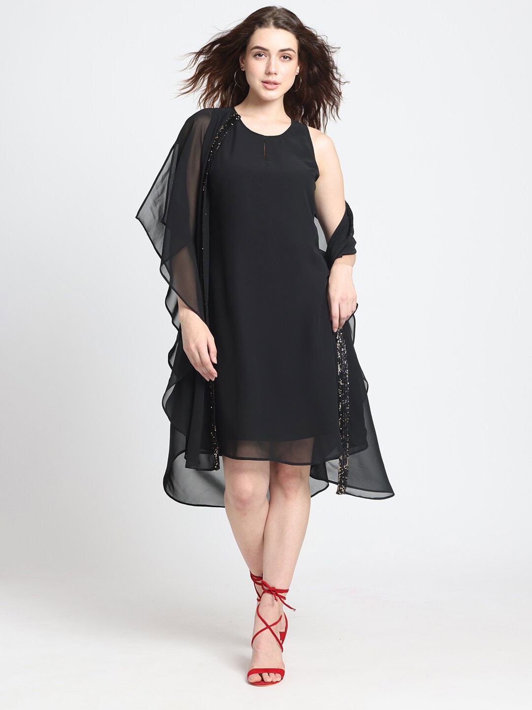 

SHAYE Black Kimono Sleeve Georgette Sheer Cape A-Line Dress