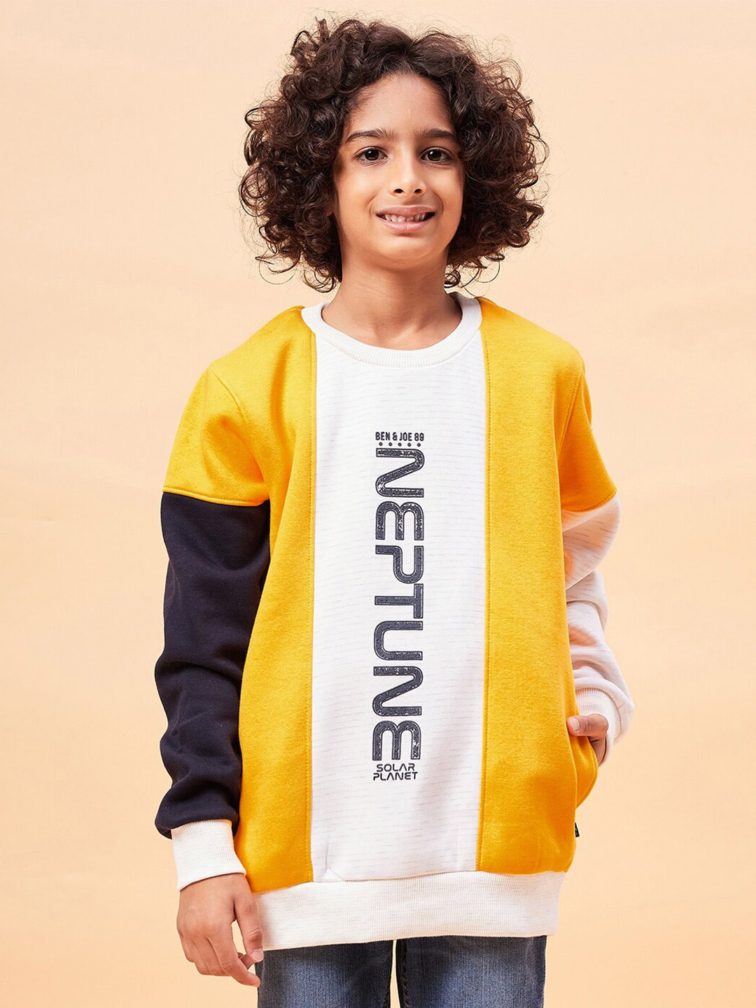 

Ben & Joe Boys Colourblocked Round Neck Antimicrobial Pullover Sweatshirt, Yellow