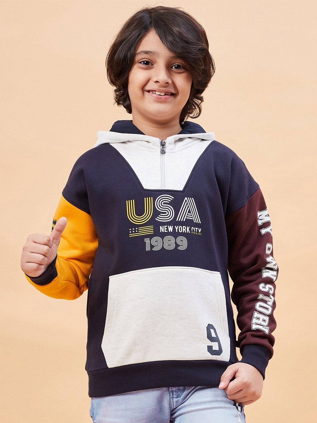 

Ben & Joe Boys Typography Printed Hooded Antimicrobial Fleece Sweatshirt, Navy blue