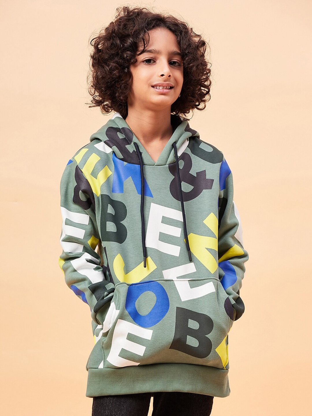 

Ben & Joe Boys Typography Printed Hooded Antimicrobial Pullover Sweatshirt, Green