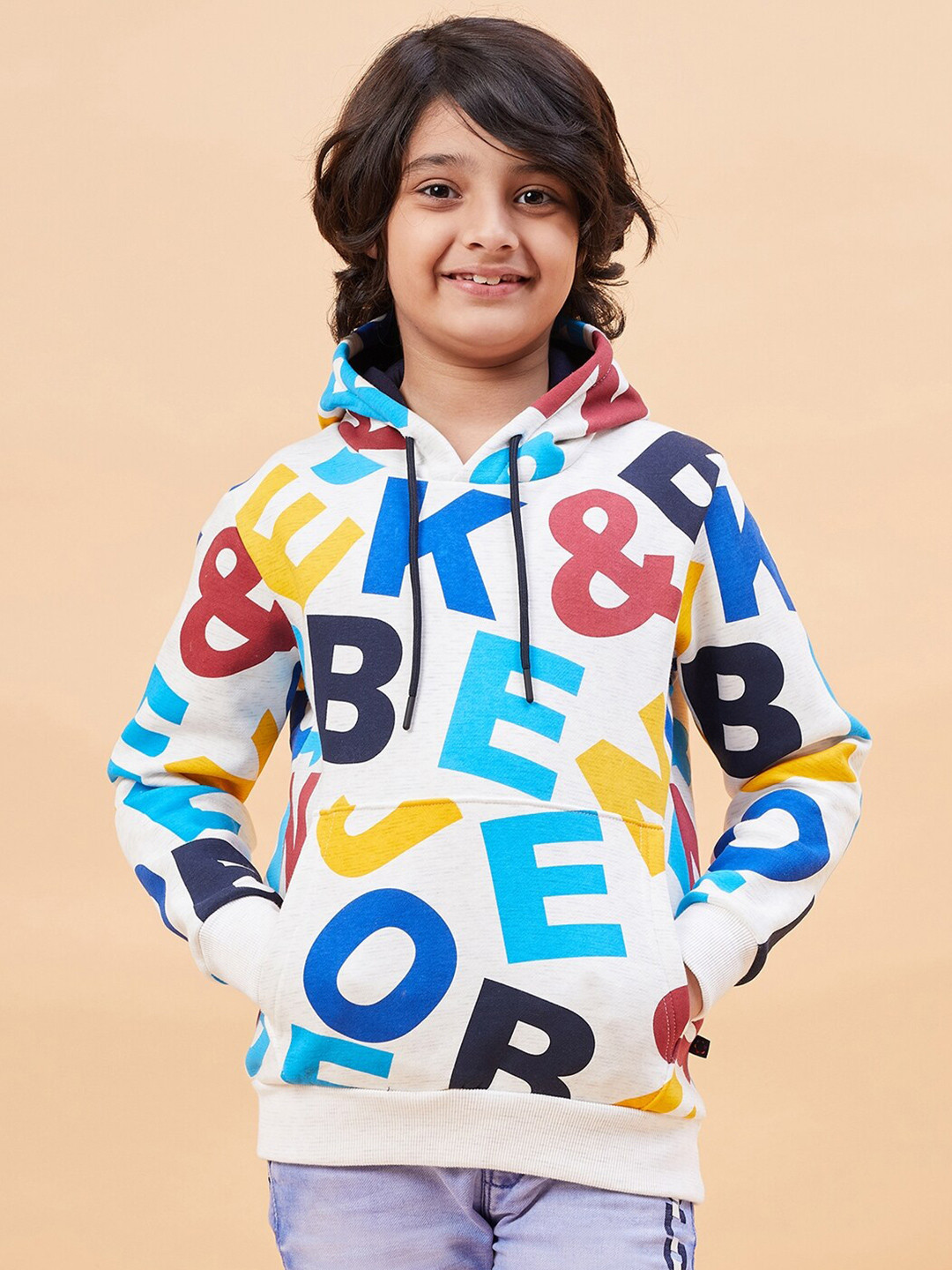 

Ben & Joe Boys Typography Printed Hooded Antimicrobial Fleece Pullover, White
