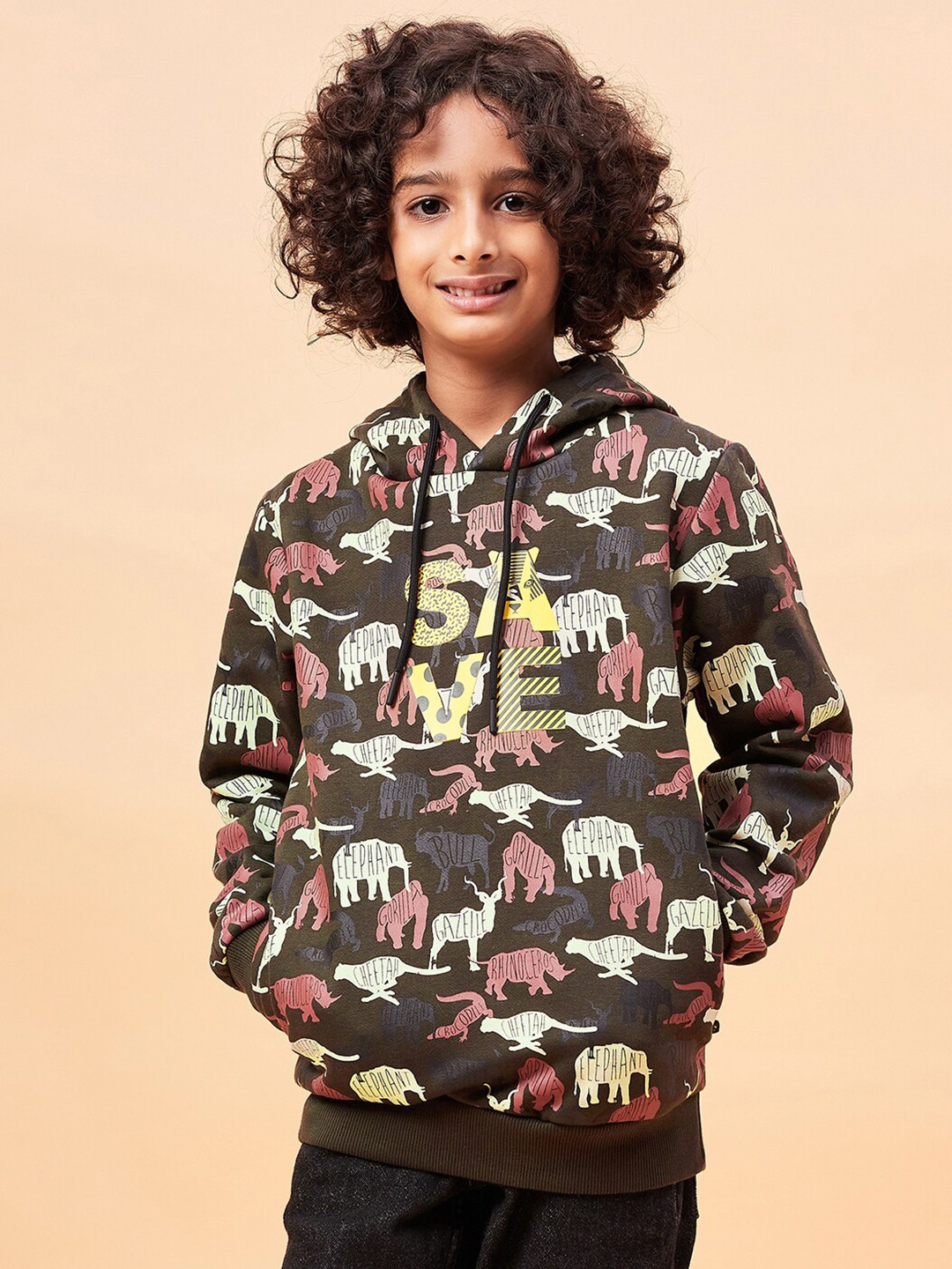 

Ben & Joe Boys Typography Printed Hooded Antimicrobial Fleece Pullover, Olive
