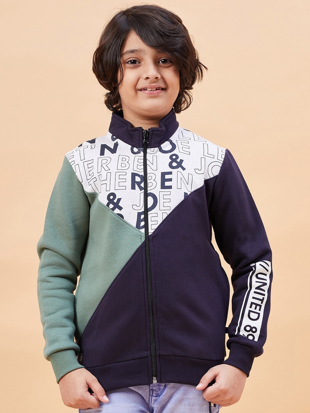 

Ben & Joe Boys Typography Printed Mock Collar Antimicrobial Front-Open Sweatshirt, Green