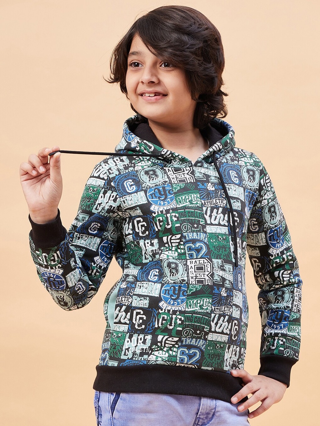 

Ben & Joe Boys Typography Printed Hooded Antimicrobial Fleece Pullover, Green