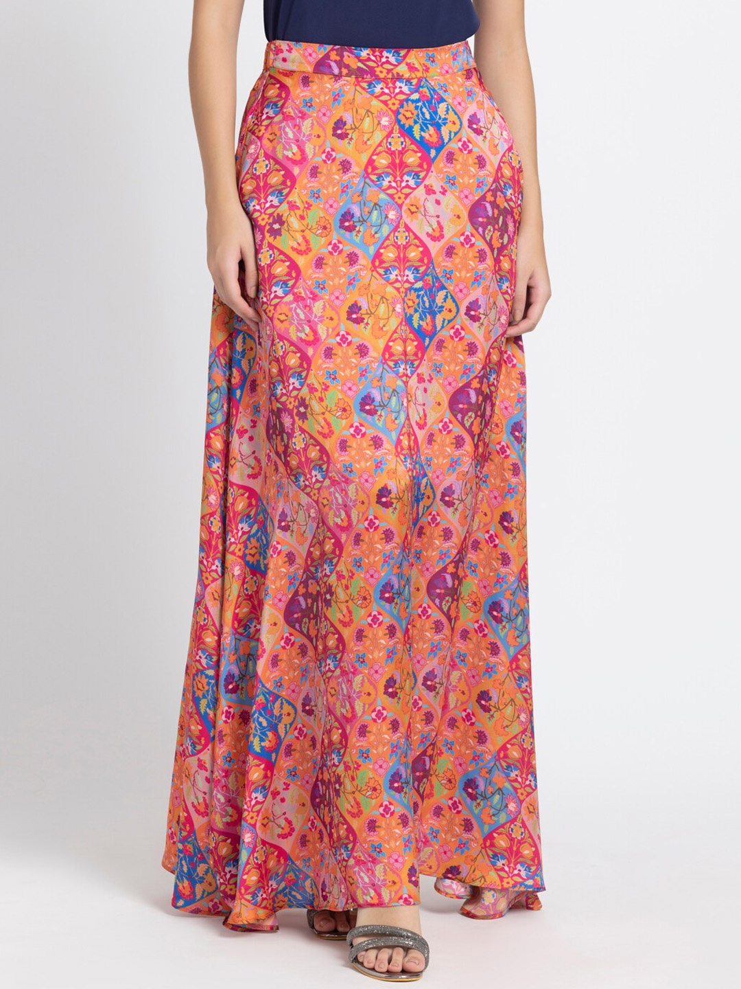 

SHAYE Floral Printed Flared Maxi Skirt, Orange