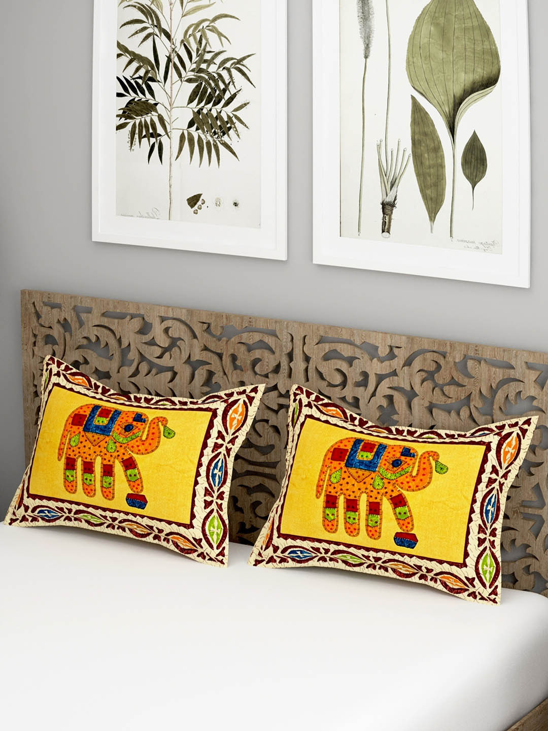 

Salona Bichona Yellow & Brown 2 Pieces Printed 120 TC Pure Cotton Pillow Covers