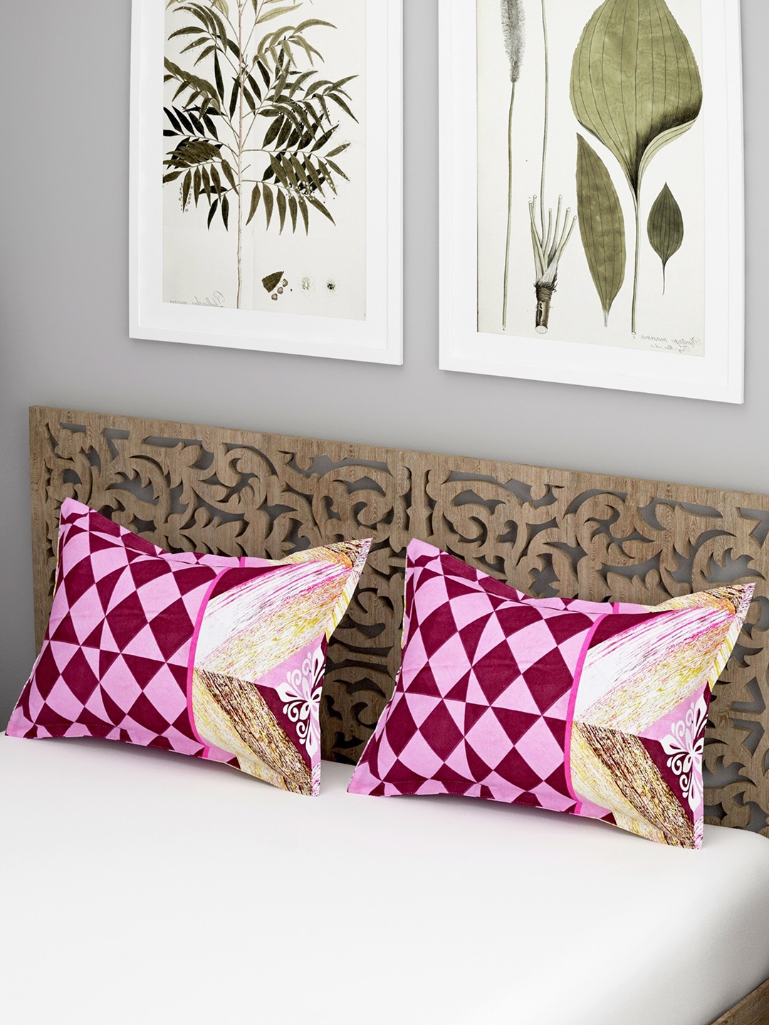 

Salona Bichona Pink & Maroon 2 Pieces Printed 104 TC Pure Cotton Pillow Covers