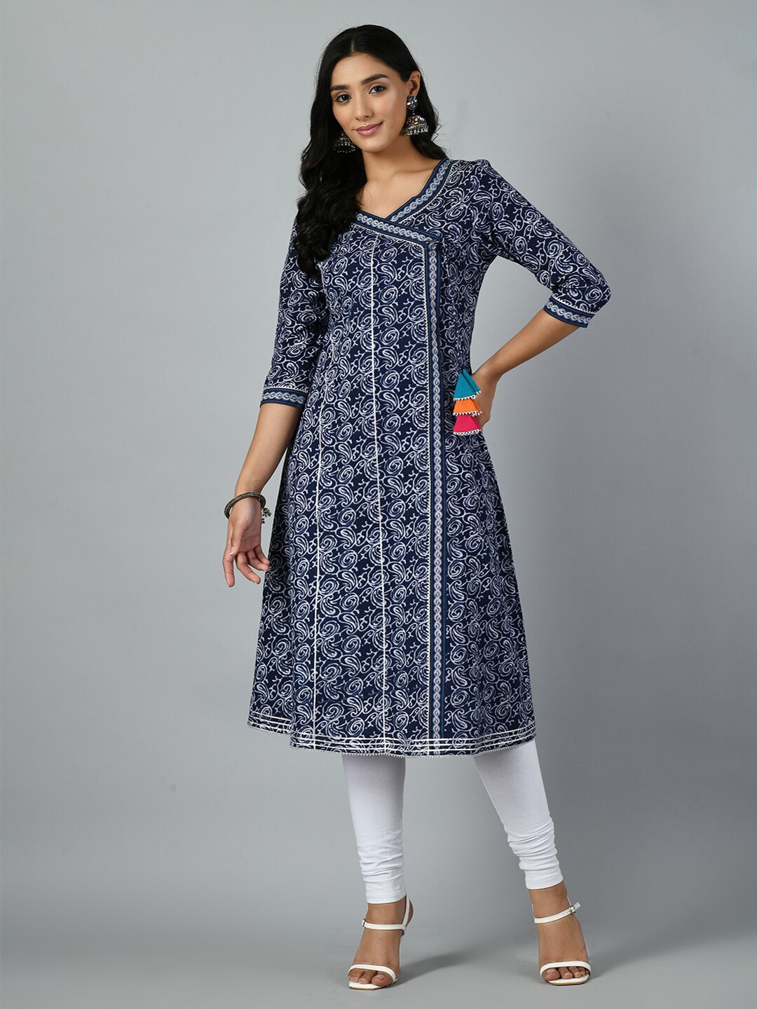 

MEESAN Ethnic Motifs Printed Gotta Patti Cotton Angrakha Kurta, Blue