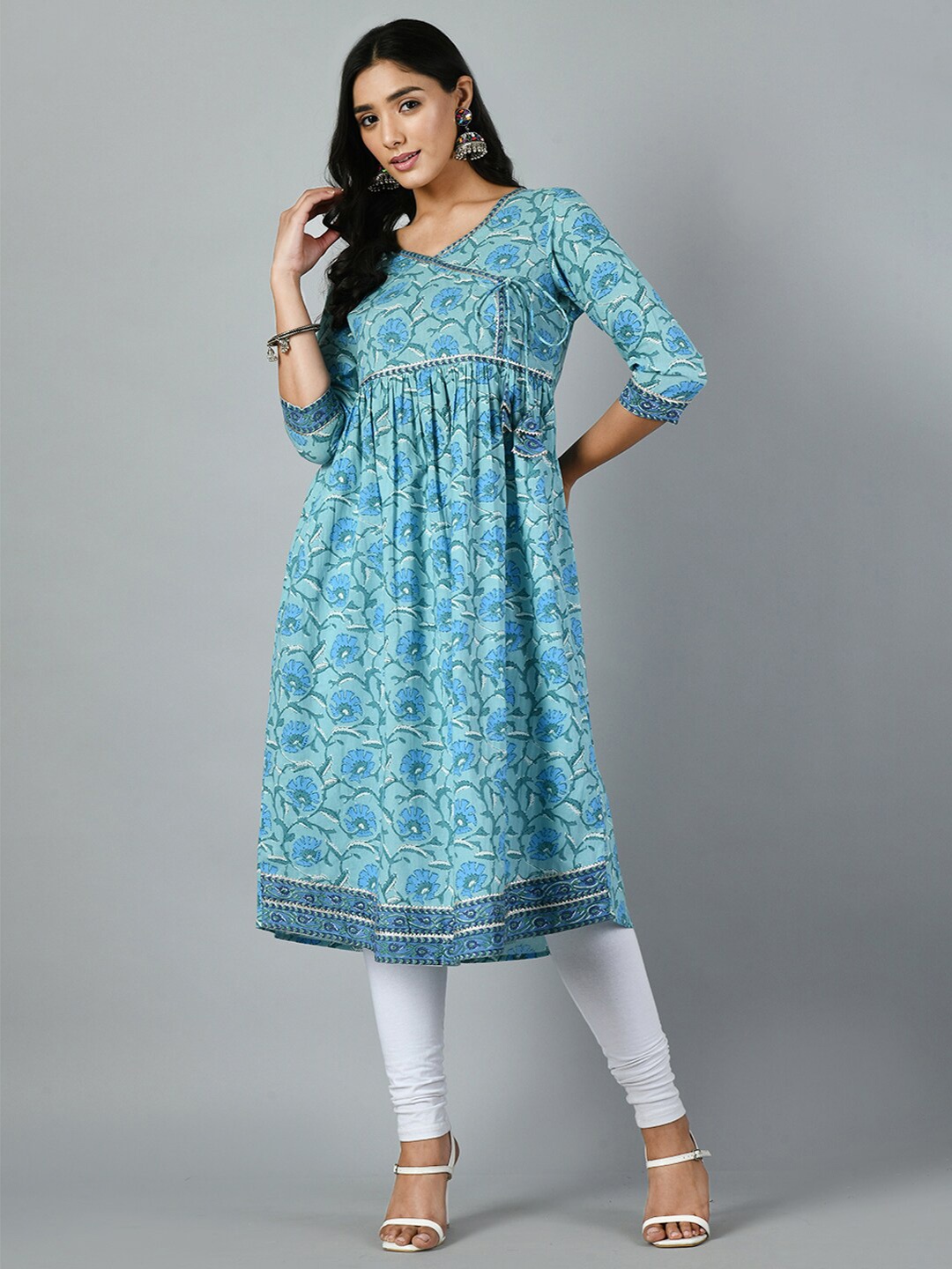 

MEESAN Floral Printed V-Neck Gotta Patti Flared Angrakha A-line Pure Cotton Kurta, Blue