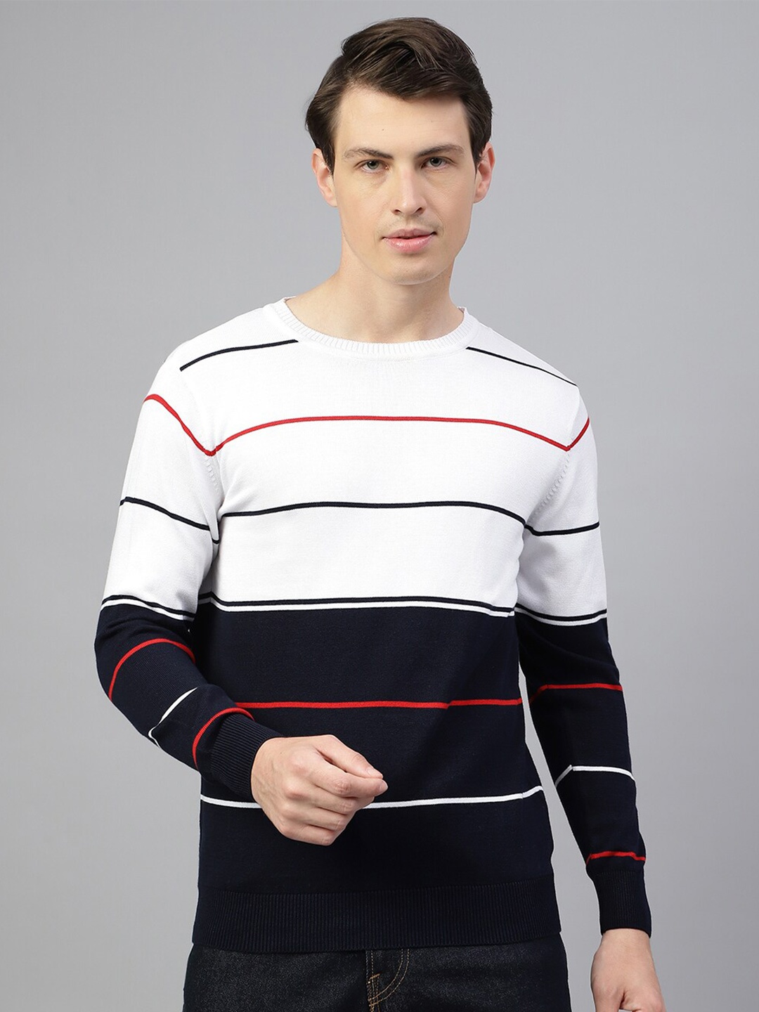 

Richlook Striped Crew Neck Long Sleeves Pullover Sweater, White
