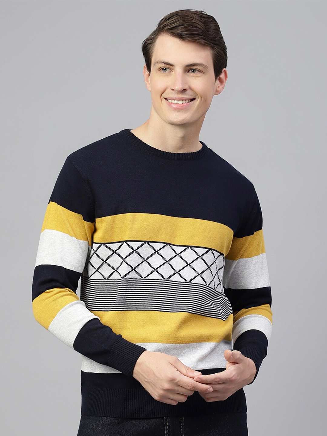 

Richlook Colourblocked Crew Neck Long Sleeves Pullover Sweater, Navy blue