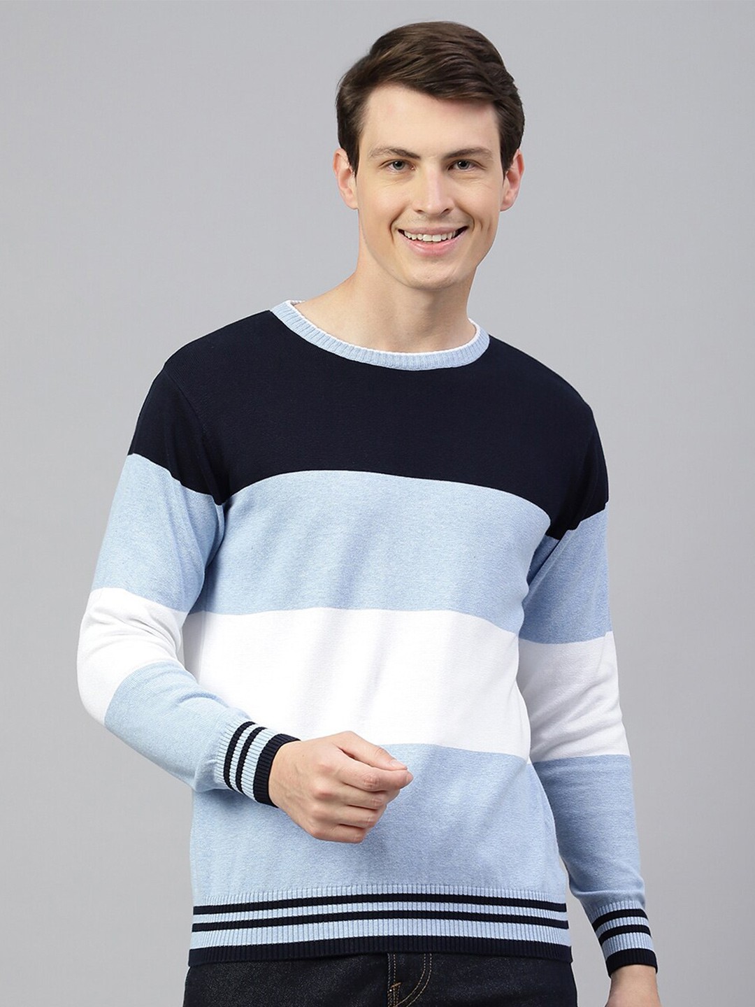 

Richlook Colourblocked Crew Neck Long Sleeves Pullover Sweater, Navy blue