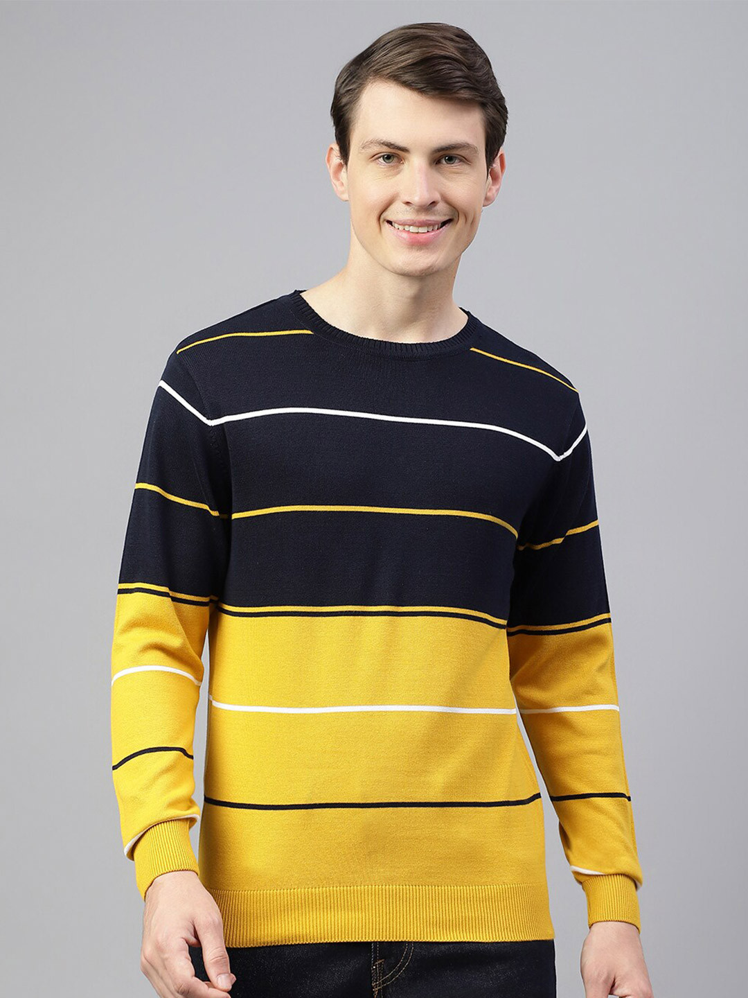 

Richlook Colourblocked Crew Neck Long Sleeves Pullover Sweater, Navy blue