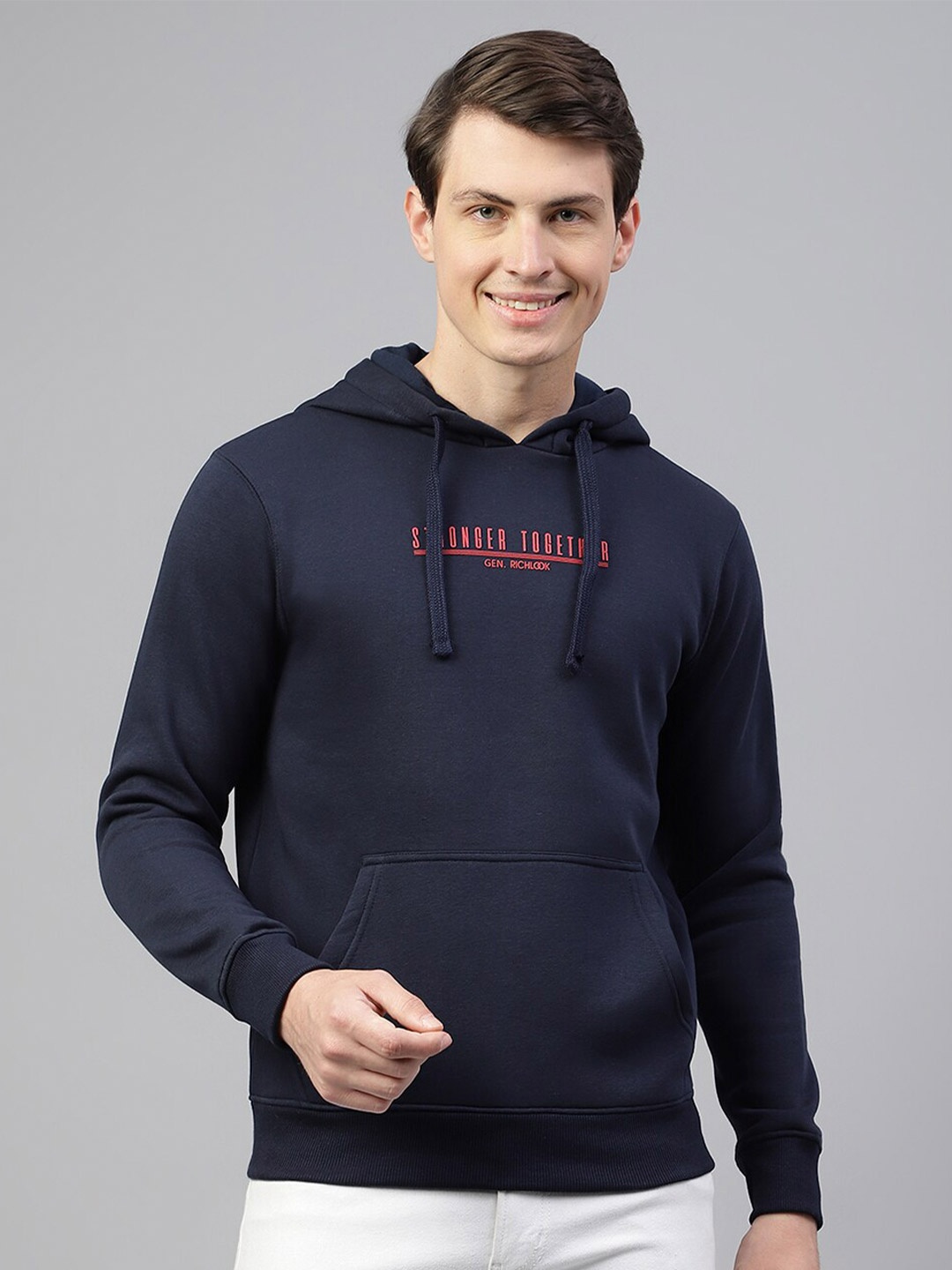 

Richlook Typography Printed Kangaroo Pockets Hooded Pullover Sweatshirt, Navy blue