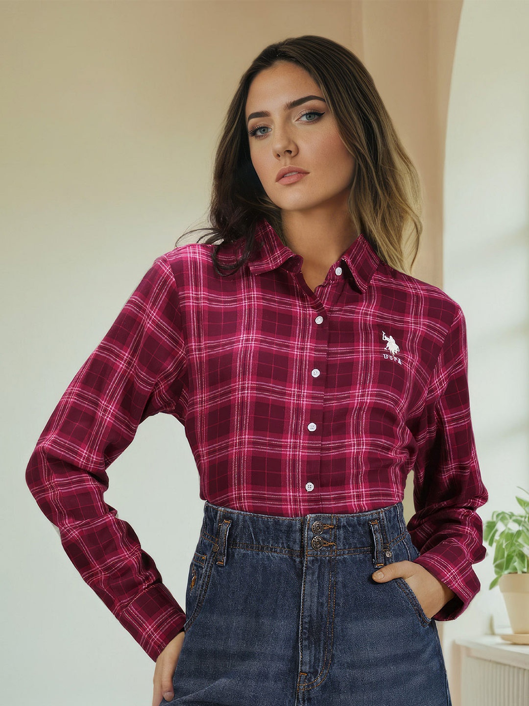 

U.S. Polo Assn. Women Tartan Checks Spread Collar Cotton Casual Shirt, Purple