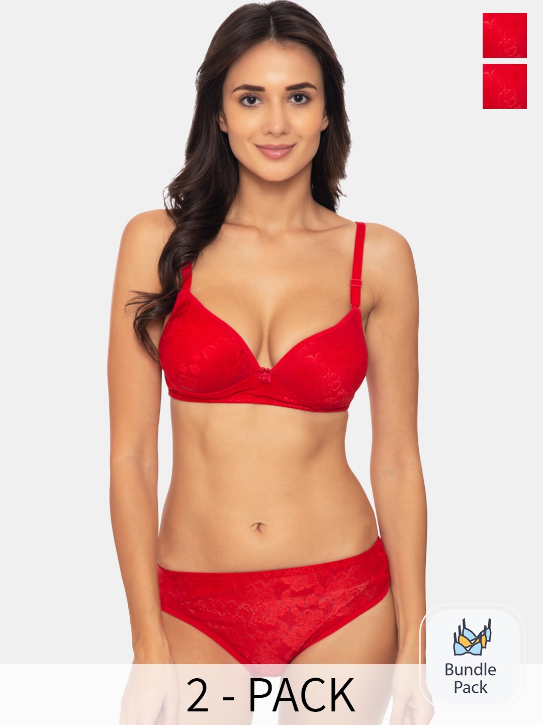 

Tweens Pack Of 2 Self Design Heavily Padded Seamless Lingerie Set, Red
